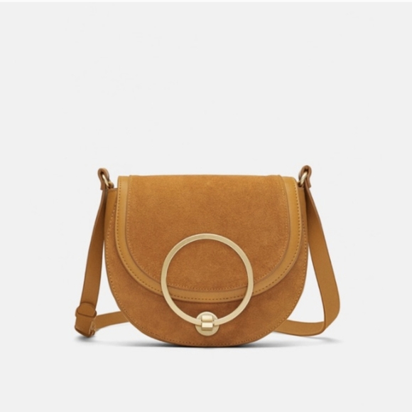 Zara Handbags - ZARA Mustard Split Crossbody Leather Gold Clip Circular Bag